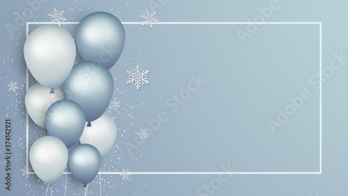 Design balloons that are floating in a rectangle frame with snow falling. Balloon frame. paper cut and craft style. vector, illustration.