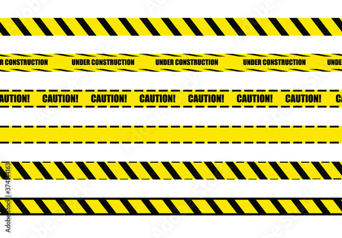 Vector warning tapes set, seamless lines, yellow and black bright colors, design elements isolated on white background.  © Nikita