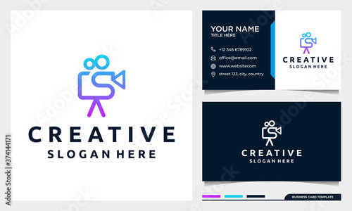 video camera logo for movie cinema production with business card design template
