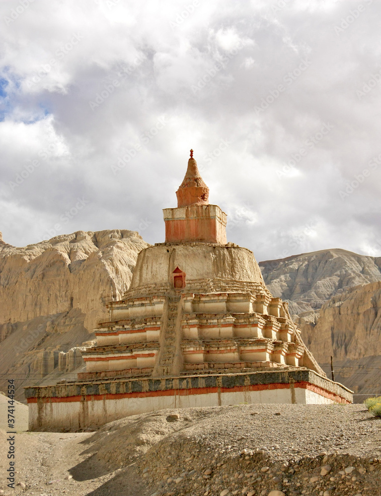 Stupa near Tholing Monastery on the background of Sutlej Valley sand landscape