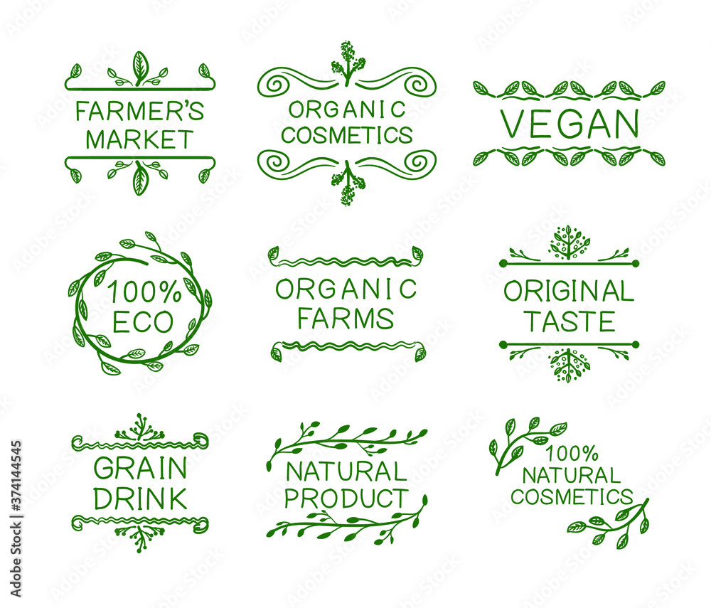 Vector typographic vector floral elements set, farmers market concept, organic natural foods, healthy eating, hand drawn doodle icons collection, green lines.
