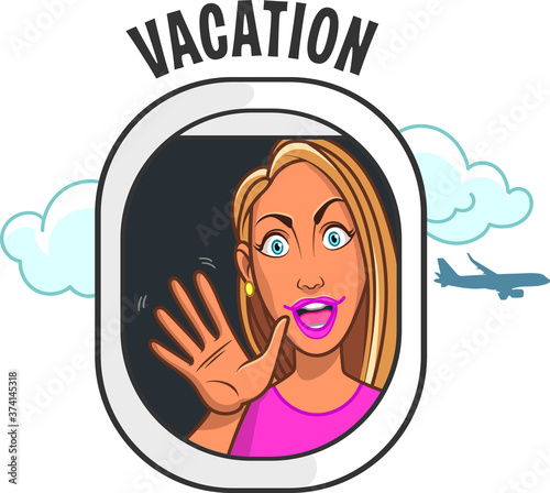 Vacation girl fly in airplane