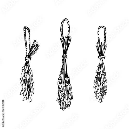 Set of outline vector bunches of driedgrass. Hand drawn black contour hanging herbs isolated on white background. Herbarium, witchcraft ingredients, aromatherapy