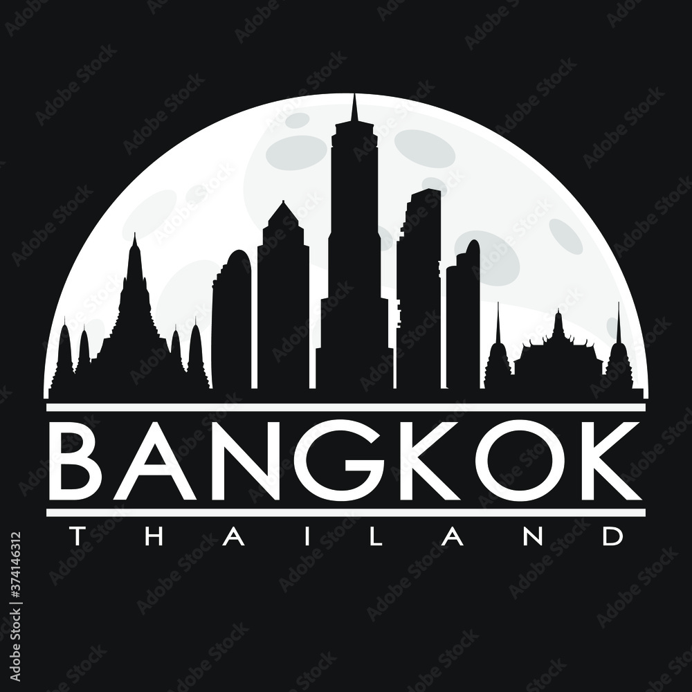 Bangkok Full Moon Night Skyline Silhouette Design City Vector Art.