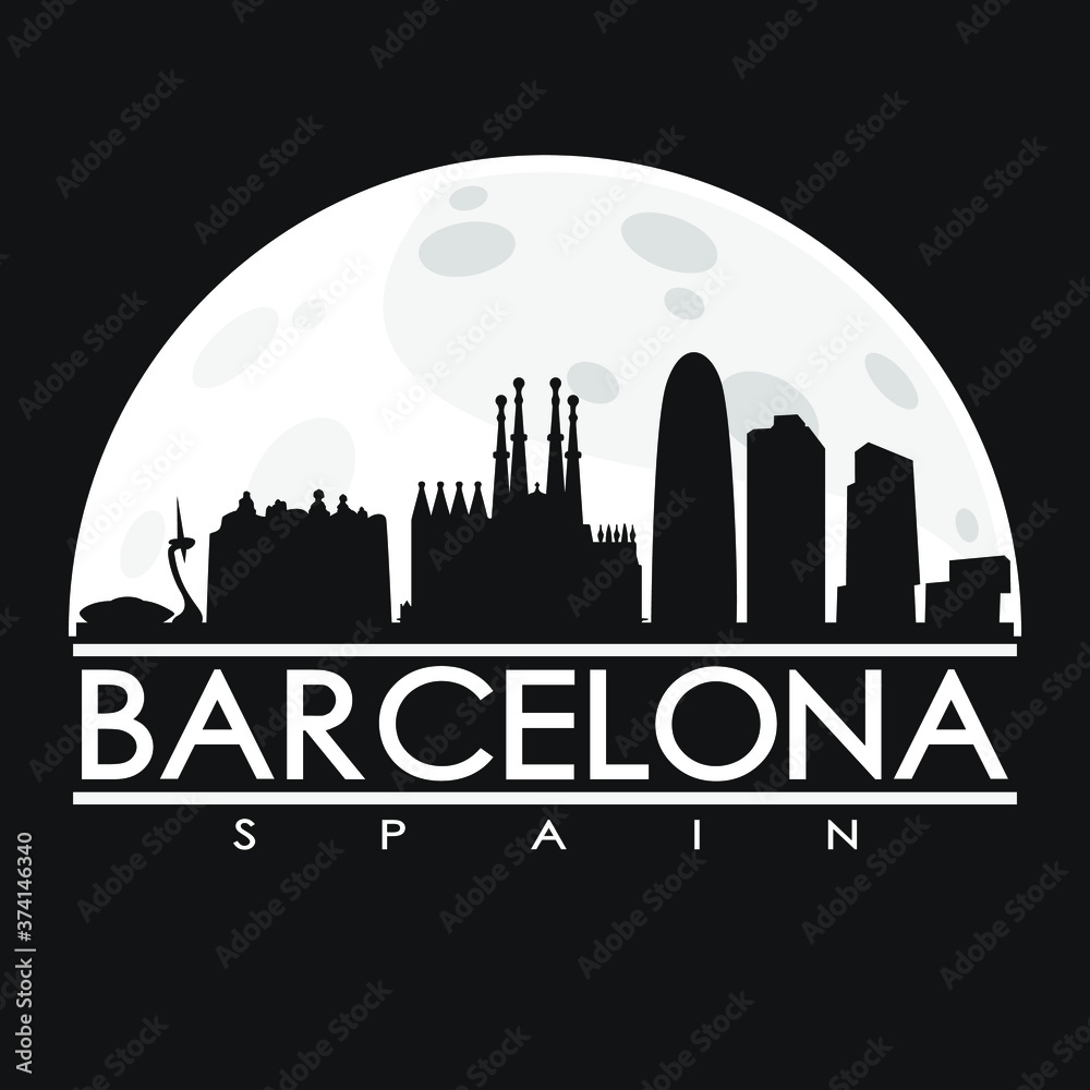 Barcelona Full Moon Night Skyline Silhouette Design City Vector Art.