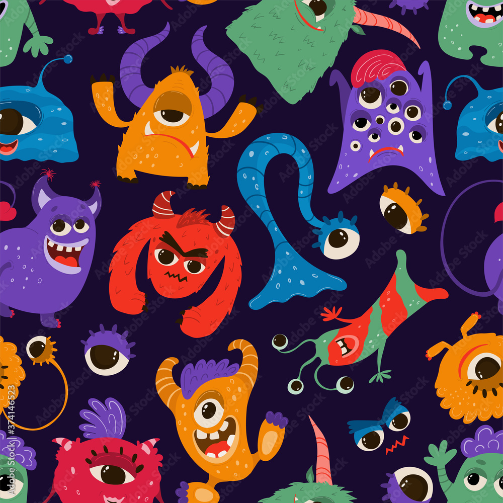 Obraz premium Seamless pattern with funny monsters in cartoon style. Children's background with cute characters for fabric design, Wallpaper, wrapping paper. Vector