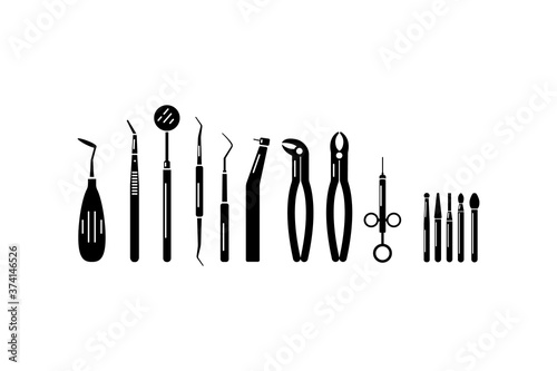 Set of black silhouettes of dentistry tools. Tools for oral examination, treatment, and tooth extraction. Medical icon set. Vector