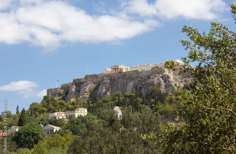 view from below of the Acropolis hill in Athens, Greece