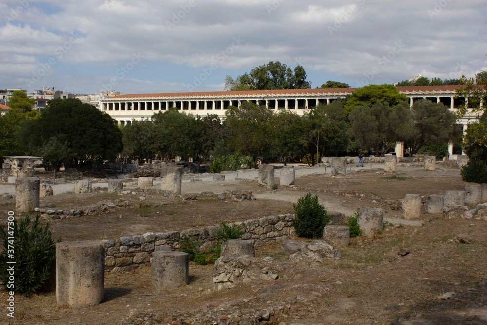 Stoa of Attalos building between the ruins of Athens Agora