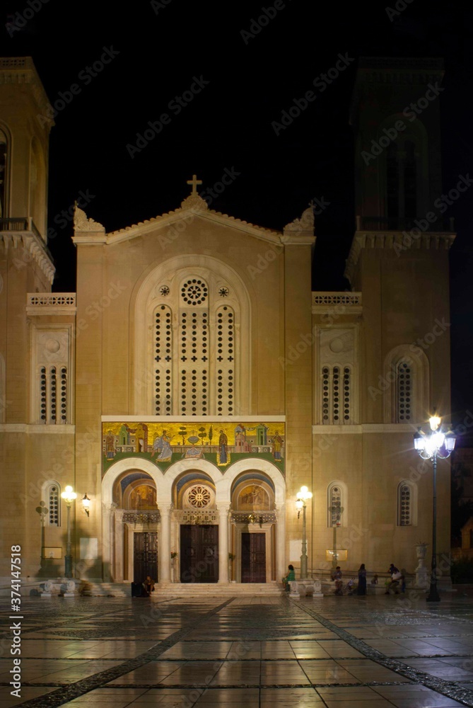 Night view of Mitropolis square in Athens, with Annunciation cathedral