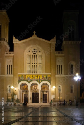 Night view of Mitropolis square in Athens, with Annunciation cathedral