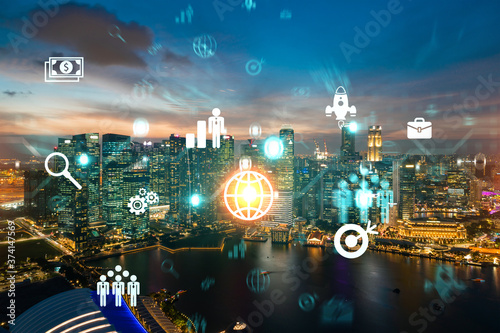 Hologram of Research and Development glowing icons. Sunset panoramic city view of Singapore. Concept of innovative technologies to create new services and products in Asia.