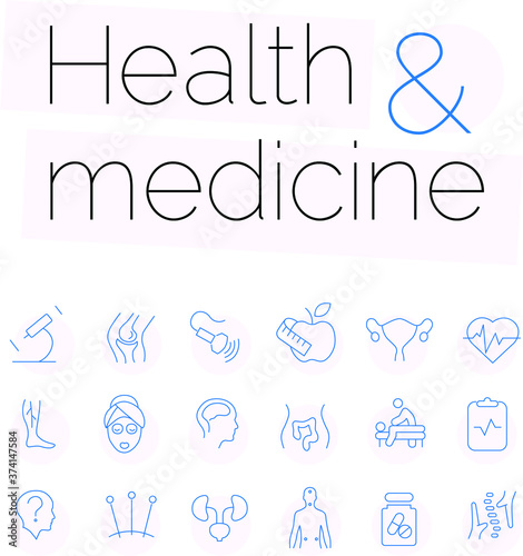 Pack of vector contour icons on the theme of health and medical care. Various medical fields.