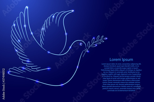 International day of peace, symbol of dove with branch from the contour classic blue color brush lines different thickness and glowing stars on dark background. Vector illustration.