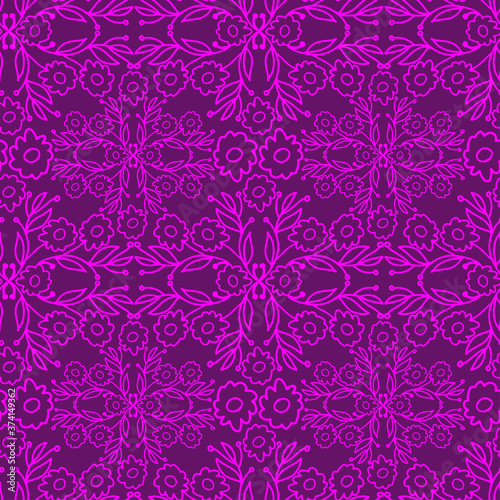 Seamless vector pattern of ornamental lined abstract flowers on purple background