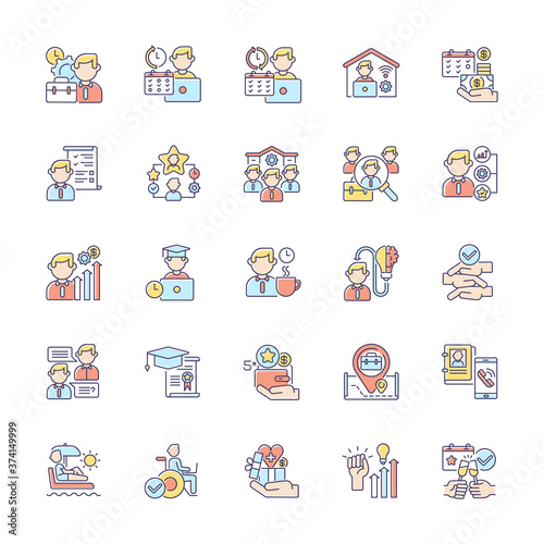Job vacancy RGB color icons set. Work in company, professional occupation, headhunting. Corporate employment, company recruitment. Isolated vector illustrations