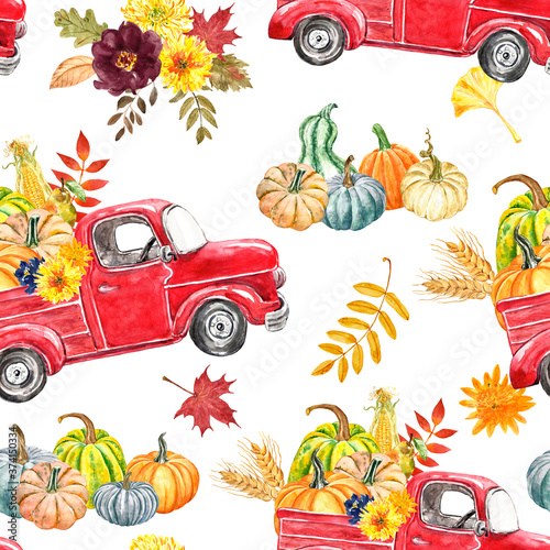 Watercolor red pumpkin truck with autumn seasonal vegetables and fruits seaml...