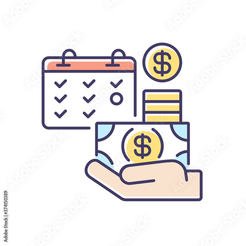Salary RGB color icon. Monthly payment, financial reward for work. Payday, wages payment, income. Well paid job. Money and calendar isolated vector illustration
