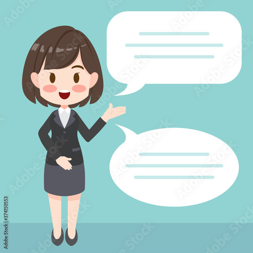 Business woman with speech bubble, vector illustration.