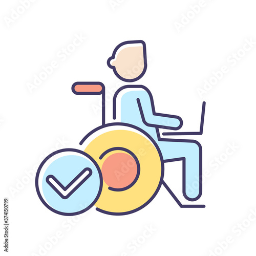 Inclusive job RGB color icon. Company recruitment policy, personnel diversity. Healthy working conditions. freelancer in wheelchair isolated vector illustration