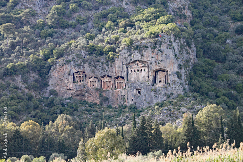 The temple tombs at Kaunos cut into the rocks across the river from Dalyan in Turkey.