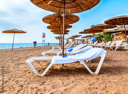 Morning on tropical exotic beach with resting and relaxing deck chairs and sunshades on sandy beach of the Red Sea, Middle East