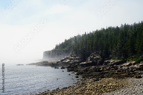 New England Coast in Early Morning with Fog and Mist - Maine