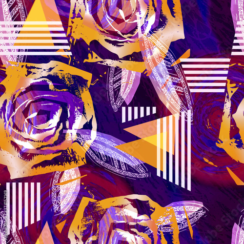 Roses Seamless Pattern. Acrylic Background with Geometric Elements.