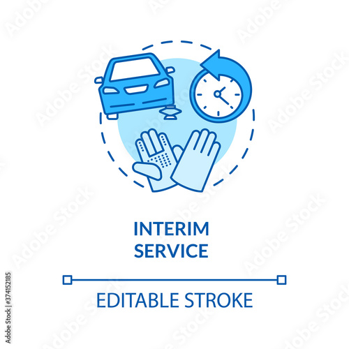 Interim service concept icon. Regular automobile maintenance idea thin line illustration. Worn tyres, faulty light, leaking hoses checking. Vector isolated outline RGB color drawing. Editable stroke