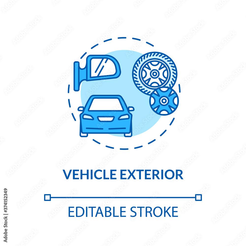 Vehicle exterior concept icon. Chrome tream, wheels, windows, tyres ...
