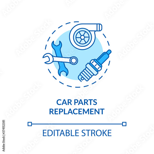 Car parts replacement concept icon. Repairing vehicle components idea thin line illustration. Old cars maintenance. Auto mechanic tools. Vector isolated outline RGB color drawing. Editable stroke