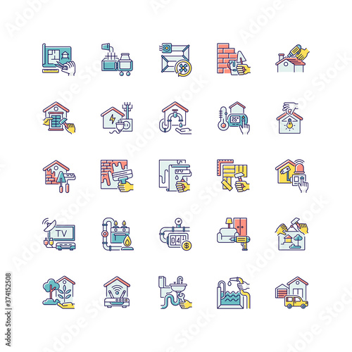 Building and repair house RGB color icons set. Gas pipework. Counter installation. Pool construction. Garage building. Home decor. House maintenance. Isolated vector illustrations