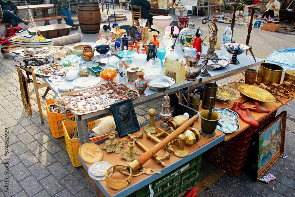 Stalls with vintage second hand items at the flea market of Monastiraki in Athens, Greece, December 2 2018