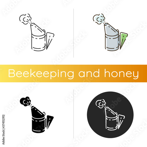 Bee smoker icon. Linear black and RGB color styles. Apiarist tool for honeybees smoking, insects fumigation appliance. Professional beekeeping, apiculture. Isolated vector illustrations