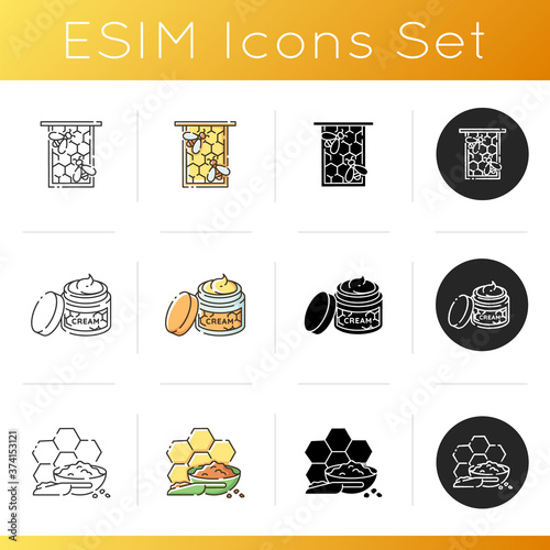Beekeeping icons set. Linear, black and RGB color styles. Honeycomb frame, propolis and honey based cream. Apiary attributes and different bee products. Isolated vector illustrations