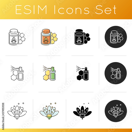 Apiculture icons set. Linear, black and RGB color styles. Fake honey, propolis mouth spray and flower pollen. Professional beekeeping business. Natural bee products. Isolated vector illustrationss