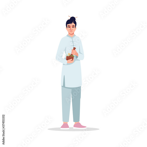 Herbal medicine specialist semi flat RGB color vector illustration. Traditional therapy. Young chinese woman working as alternative medicine doctor isolated cartoon character on white background