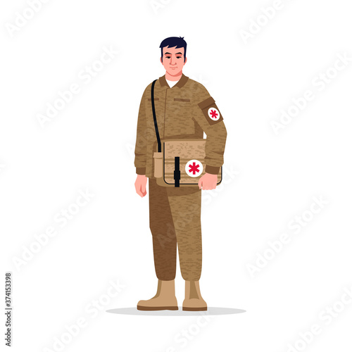 Combat medic semi flat RGB color vector illustration. Male military surgeon. Noncombatant. Young chinese man working as combat medic isolated cartoon character on white background
