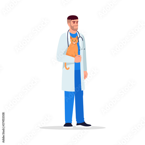Veterinarian semi flat RGB color vector illustration. Male doctor. Animal hospital personnel. Veterinary physician. Young caucasian veterinary surgeon isolated cartoon character on white background
