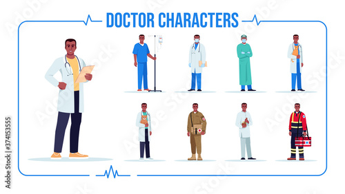 Afro american doctor semi flat RGB color vector illustration set. Pediatrician. Baby doctor. Male nurse. Paramedic. Ambulance staff. Isolated cartoon one character on white background pack