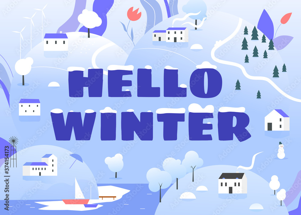 Naklejka premium Hello winter concept vector illustration. Cartoon flat snow winter landscape with village houses on hills, snowman, trees and hello winter text lettering, natural scenery typography design background