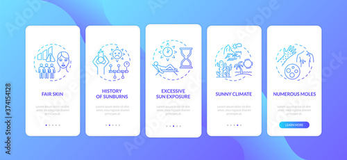 Skin cancer risk factors onboarding mobile app page screen with concepts. Excessive sun exposure. Walkthrough 5 steps graphic instructions. UI vector template with RGB color illustrations