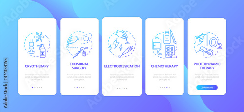Skin cancer treatment onboarding mobile app page screen with concepts. Chemotherapy. Excisional surgery. Walkthrough 5 steps graphic instructions. UI vector template with RGB color illustrations