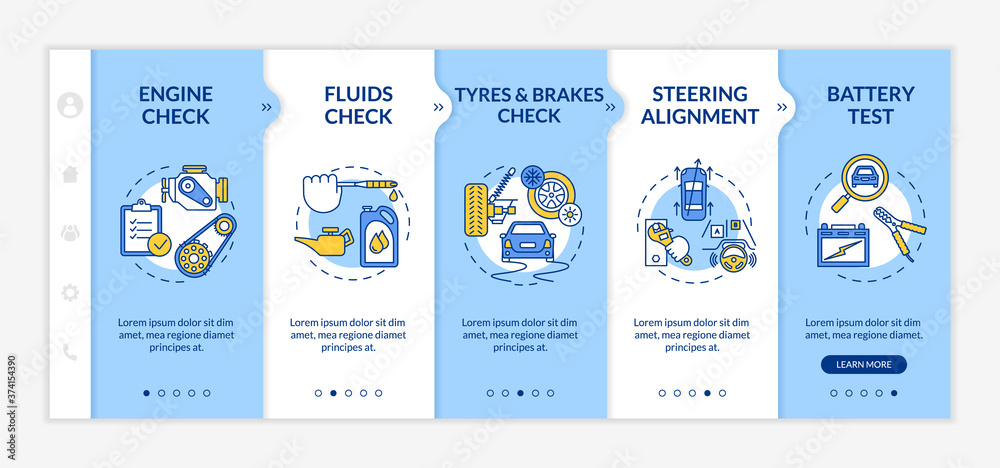 Routine vehicle maintenance onboarding vector template. Engine, fluids, tyres and brakes check. Responsive mobile website with icons. Webpage walkthrough five steps screens. RGB color concept