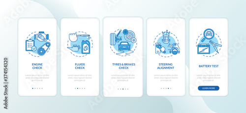 Full car service onboarding mobile app page screen with concepts. Engine checkup, battery diagnostics walkthrough 5 steps graphic instructions. UI vector template with RGB color illustrations