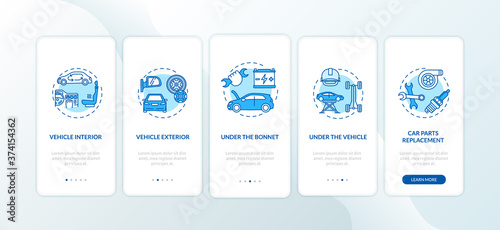 Car service types onboarding mobile app page screen with concepts. Vehicle diagnostics, parts replacement walkthrough 5 steps graphic instructions. UI vector template with RGB color illustrations