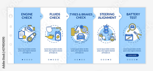 Routine vehicle maintenance onboarding vector template. Engine, fluids, tyres and brakes check. Responsive mobile website with icons. Webpage walkthrough five steps screens. RGB color concept