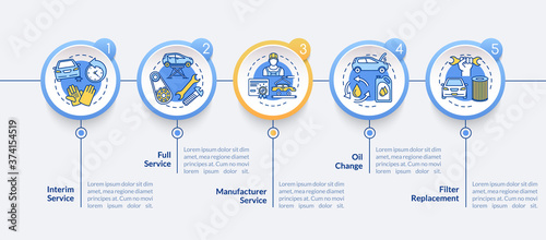 Vehicle performance diagnostics vector infographic template. Car inspection presentation design elements. Data visualization with 5 steps. Process timeline chart. Workflow layout with linear icons