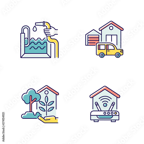 Fototapeta Naklejka Na Ścianę i Meble -  Home facilities RGB color icons set. Garden decoration. Internet connection. Swimming pool installation. House with garage and car. Home maintenance. Isolated vector illustrations