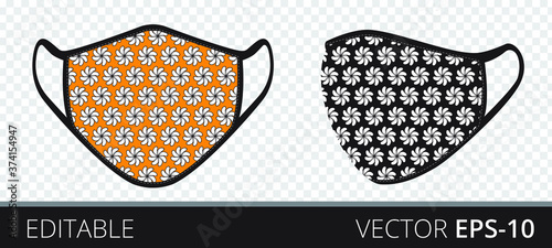 Set medical mask with patterned fabrics to protect against infection, polluted air and transmission of coronavirus covid-19. Vector illustration. Isolated on transparent background.
